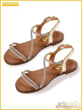 Rhinestone Flat Sandals Faux Leather Slip On Back Elastic Ankle Strap Open Toe